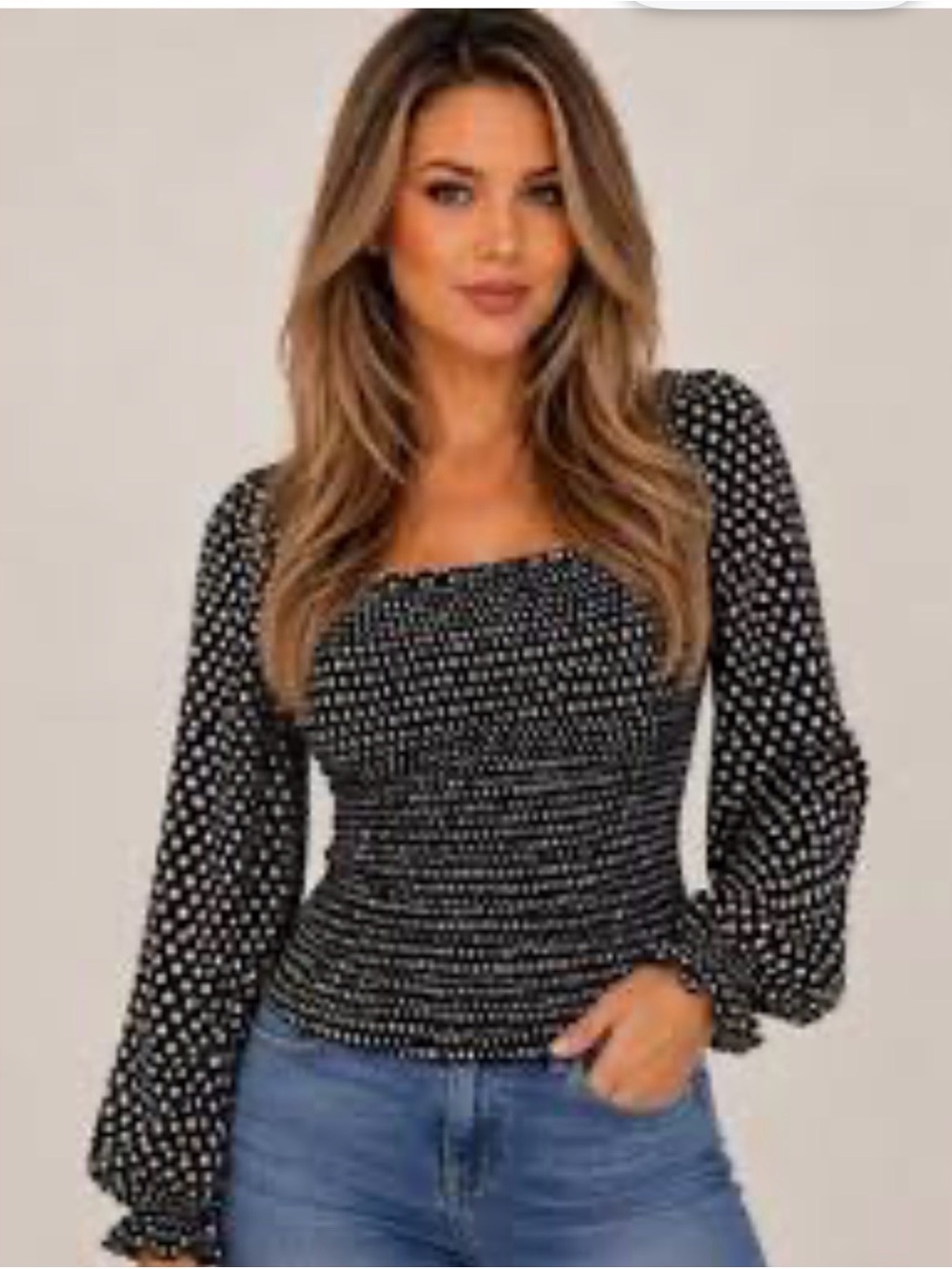 NWT Ted Baker Smocked Square Neck Black and small white flowers Long-Sleeve Top